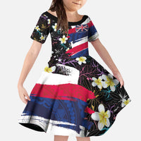 Hawaiian Flag Day Family Matching Off The Shoulder Long Sleeve Dress and Hawaiian Shirt Tropical Flowers and Leaves