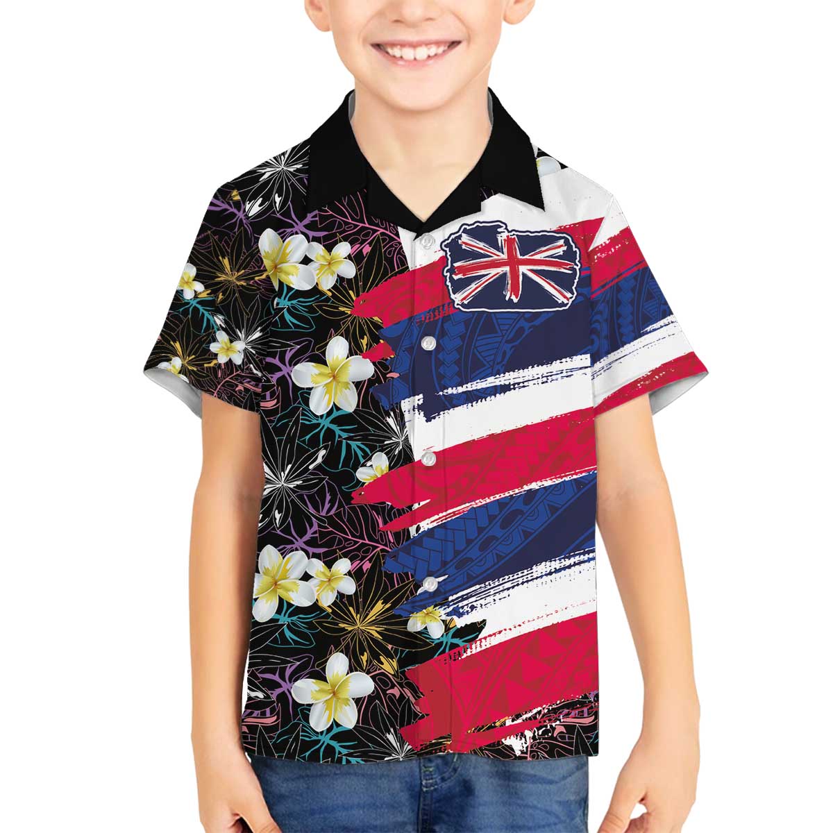 Hawaiian Flag Day Family Matching Off The Shoulder Long Sleeve Dress and Hawaiian Shirt Tropical Flowers and Leaves