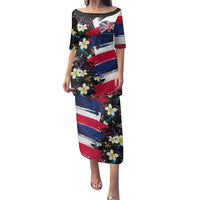 Hawaiian Flag Day Family Matching Puletasi and Hawaiian Shirt Tropical Flowers and Leaves