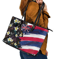 Hawaiian Flag Day Leather Tote Bag Tropical Flowers and Leaves