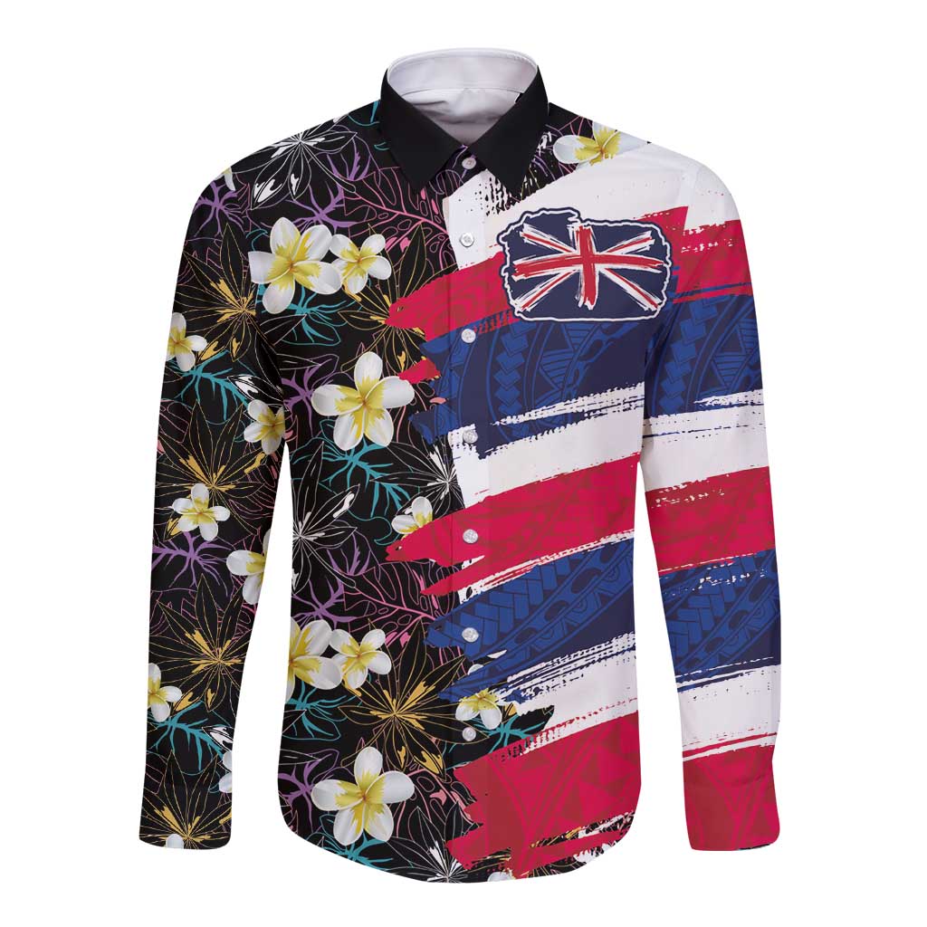 Hawaiian Flag Day Long Sleeve Button Shirt Tropical Flowers and Leaves LT03 Unisex Black - Polynesian Pride