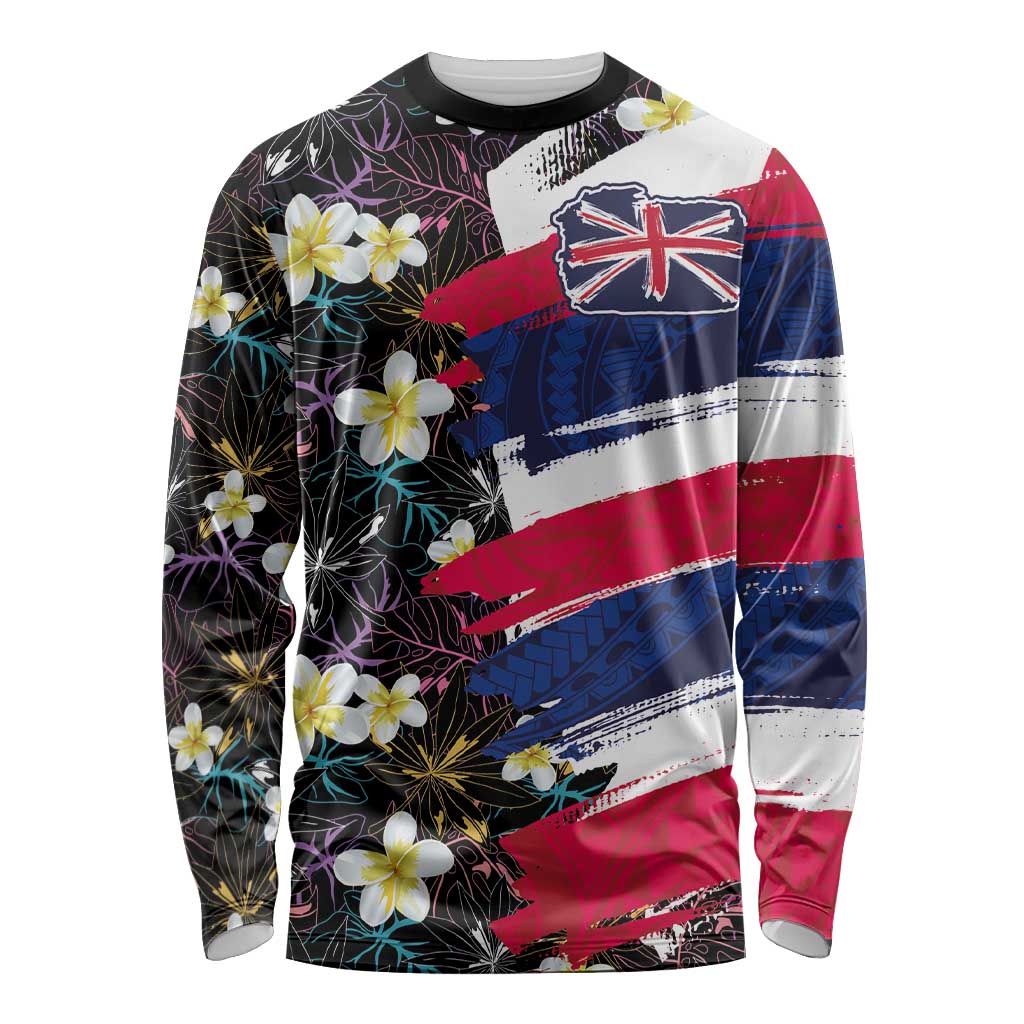 Hawaiian Flag Day Long Sleeve Shirt Tropical Flowers and Leaves LT03 Unisex Black - Polynesian Pride