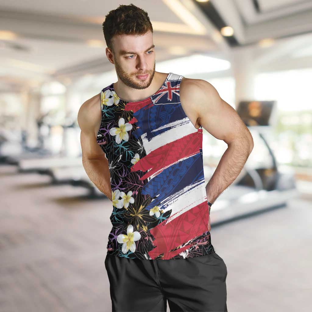 Hawaiian Flag Day Men Tank Top Tropical Flowers and Leaves LT03 Black - Polynesian Pride