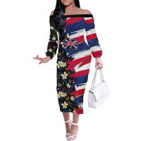 Hawaiian Flag Day Off The Shoulder Long Sleeve Dress Tropical Flowers and Leaves