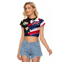 Hawaiian Flag Day Raglan Cropped T Shirt Tropical Flowers and Leaves