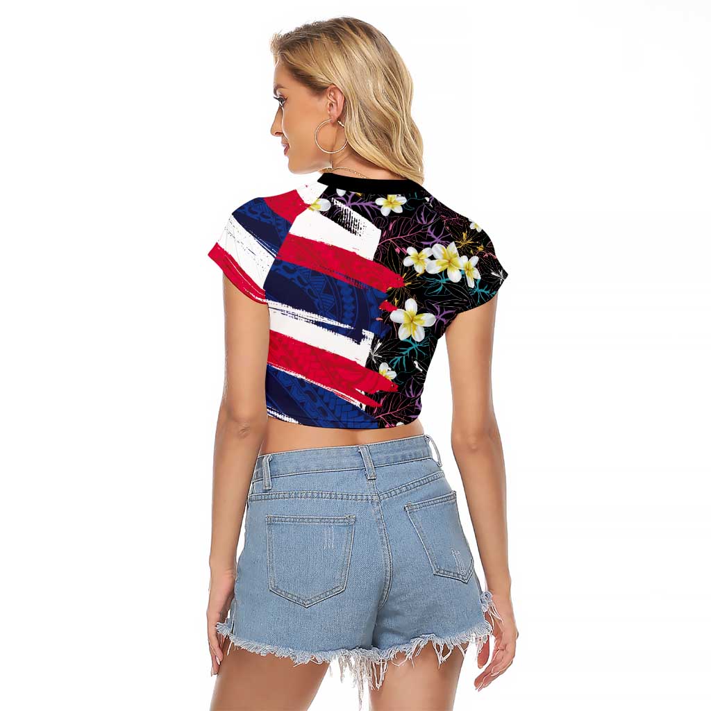 Hawaiian Flag Day Raglan Cropped T Shirt Tropical Flowers and Leaves