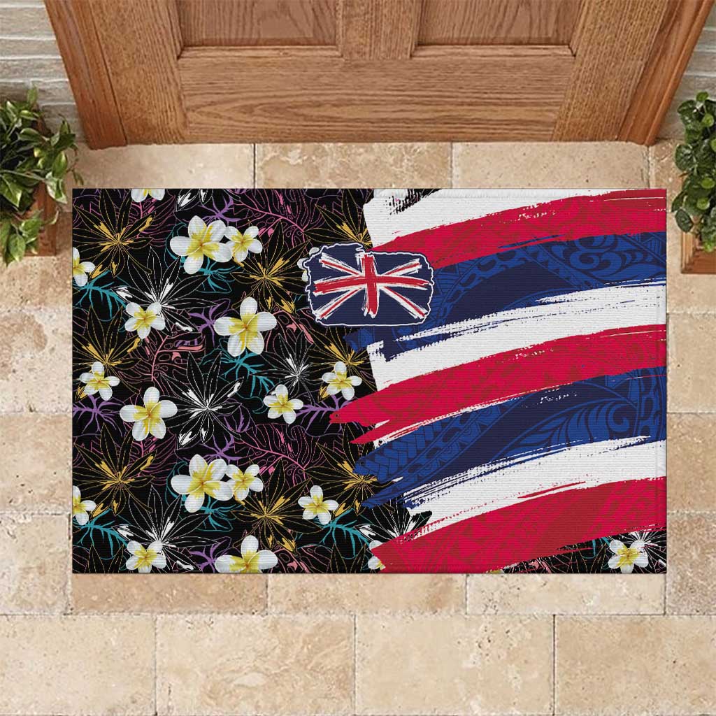 Hawaiian Flag Day Rubber Doormat Tropical Flowers and Leaves LT03 Black - Polynesian Pride