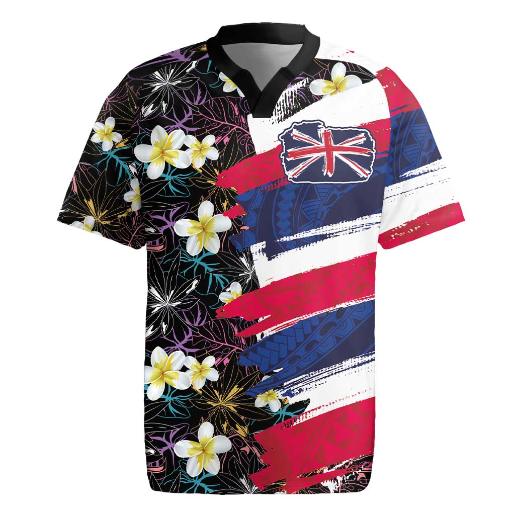 Hawaiian Flag Day Rugby Jersey Tropical Flowers and Leaves LT03 Black - Polynesian Pride