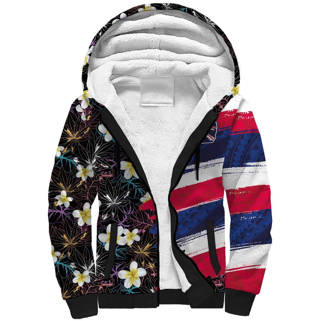Hawaiian Flag Day Sherpa Hoodie Tropical Flowers and Leaves LT03 Unisex Black - Polynesian Pride