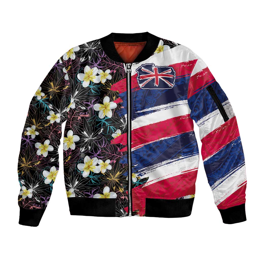 Hawaiian Flag Day Sleeve Zip Bomber Jacket Tropical Flowers and Leaves