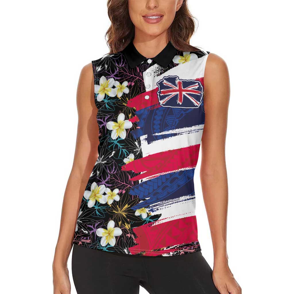 Hawaiian Flag Day Women Sleeveless Polo Shirt Tropical Flowers and Leaves