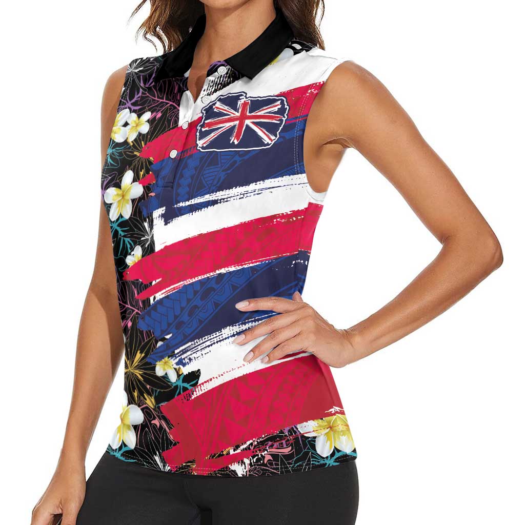 Hawaiian Flag Day Women Sleeveless Polo Shirt Tropical Flowers and Leaves