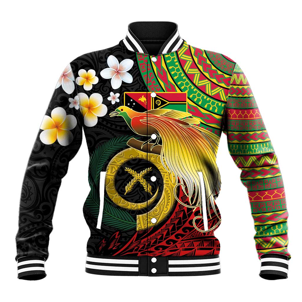 Vanuatu and Papua New Guinea Together Baseball Jacket Bird-of-paradise and Pig Tusk Melanesian Pattern