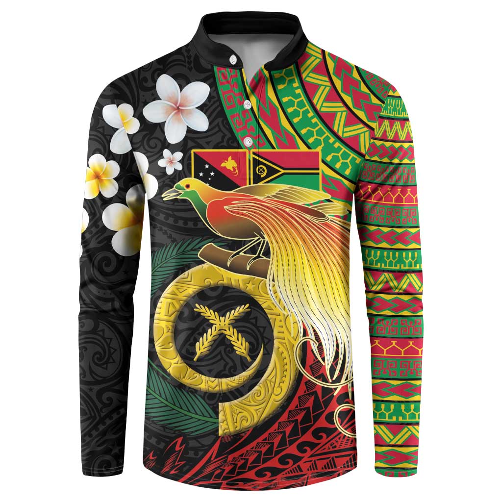 Vanuatu and Papua New Guinea Together Button Sweatshirt Bird-of-paradise and Pig Tusk Melanesian Pattern