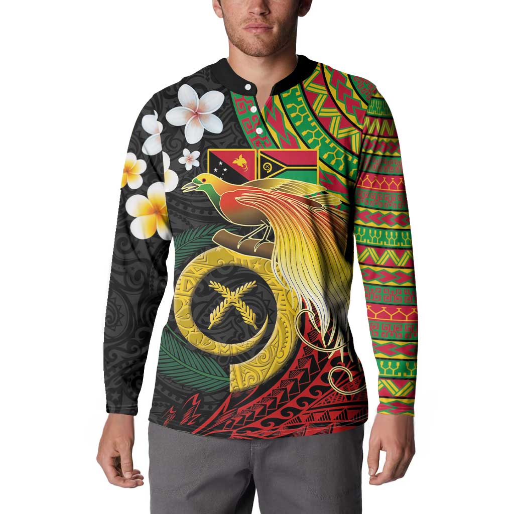 Vanuatu and Papua New Guinea Together Button Sweatshirt Bird-of-paradise and Pig Tusk Melanesian Pattern