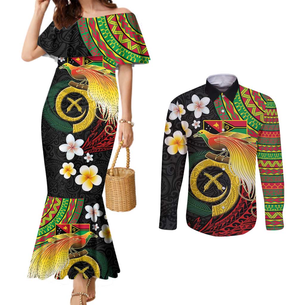 Vanuatu and Papua New Guinea Together Couples Matching Mermaid Dress and Long Sleeve Button Shirt Bird-of-paradise and Pig Tusk Melanesian Pattern