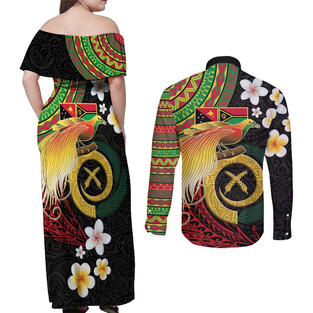 Vanuatu and Papua New Guinea Together Couples Matching Off Shoulder Maxi Dress and Long Sleeve Button Shirt Bird-of-paradise and Pig Tusk Melanesian Pattern