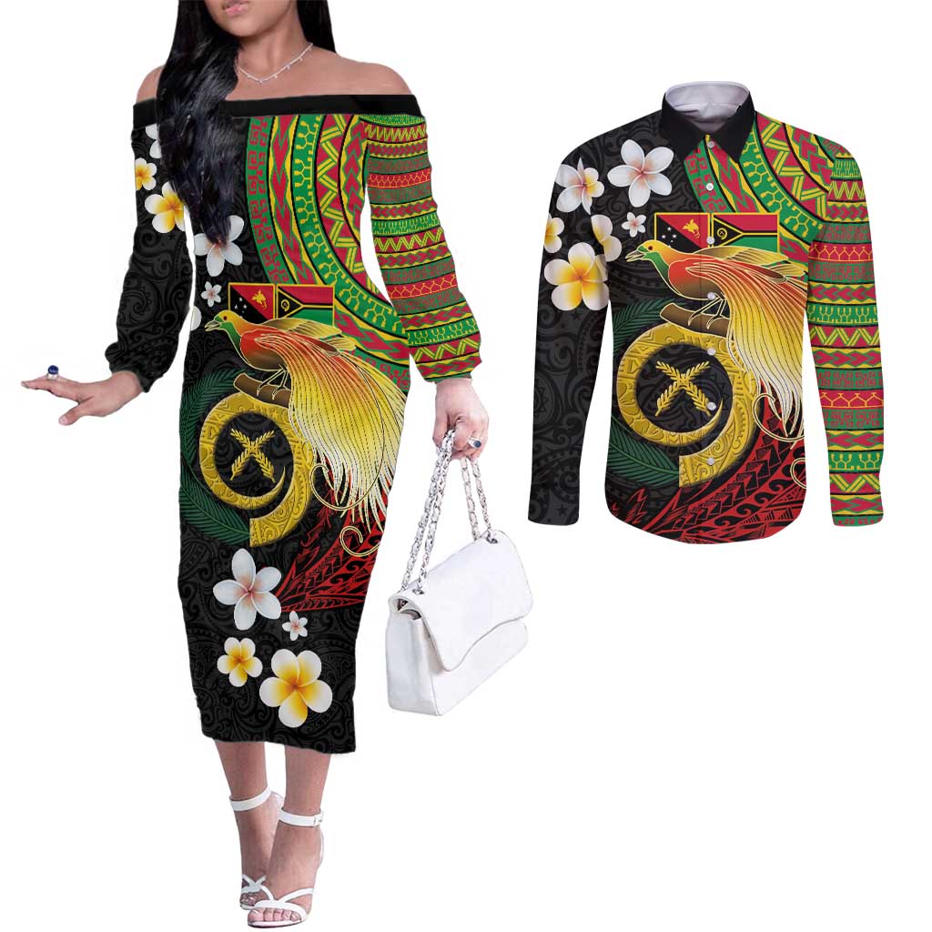 Vanuatu and Papua New Guinea Together Couples Matching Off The Shoulder Long Sleeve Dress and Long Sleeve Button Shirt Bird-of-paradise and Pig Tusk Melanesian Pattern