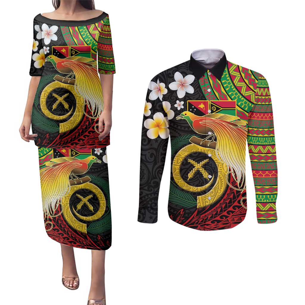 Vanuatu and Papua New Guinea Together Couples Matching Puletasi and Long Sleeve Button Shirt Bird-of-paradise and Pig Tusk Melanesian Pattern
