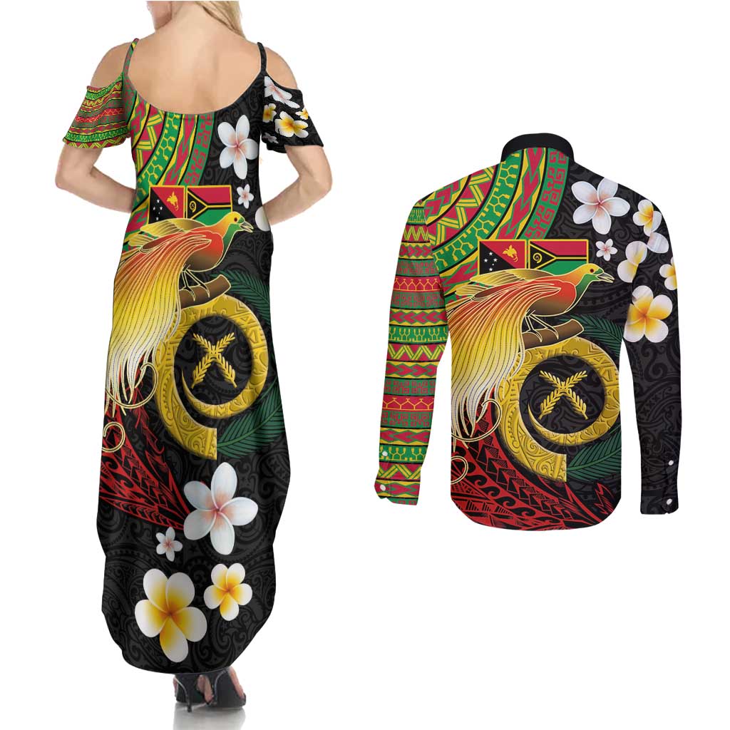 Vanuatu and Papua New Guinea Together Couples Matching Summer Maxi Dress and Long Sleeve Button Shirt Bird-of-paradise and Pig Tusk Melanesian Pattern