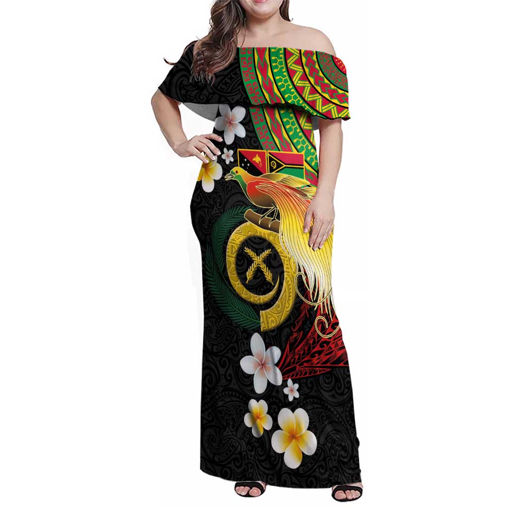 Vanuatu and Papua New Guinea Together Family Matching Off Shoulder Maxi Dress and Hawaiian Shirt Bird-of-paradise and Pig Tusk Melanesian Pattern