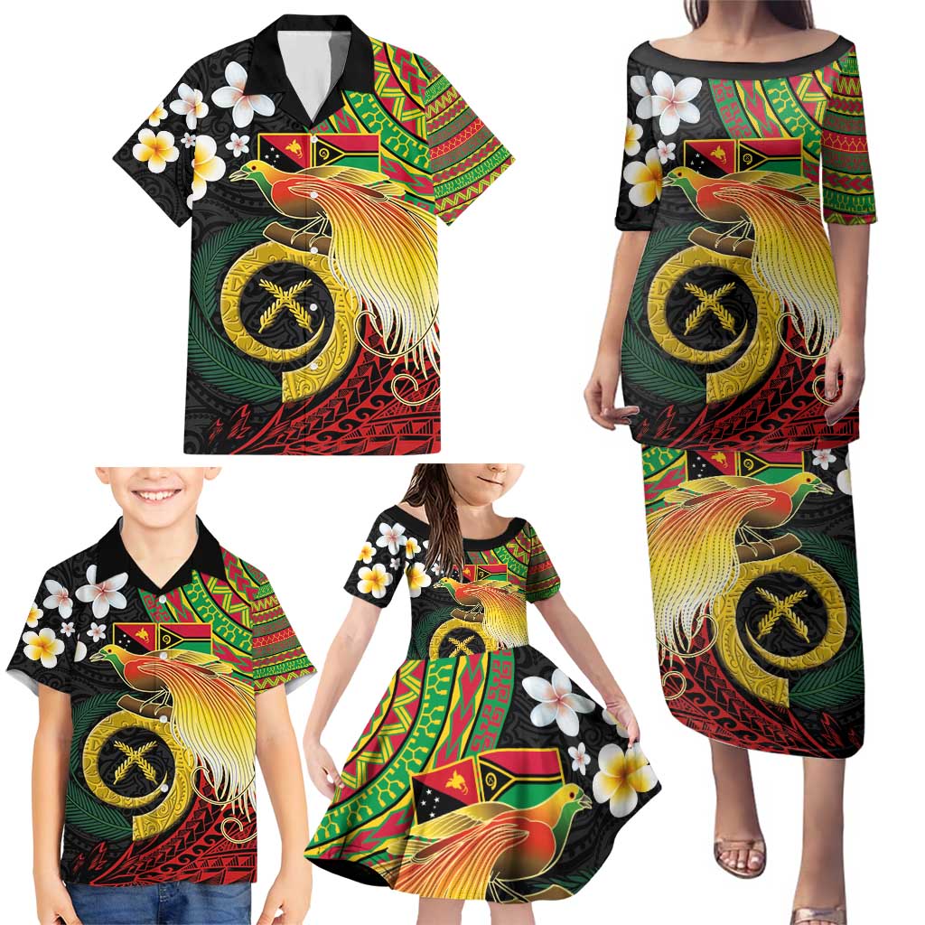 Vanuatu and Papua New Guinea Together Family Matching Puletasi and Hawaiian Shirt Bird-of-paradise and Pig Tusk Melanesian Pattern