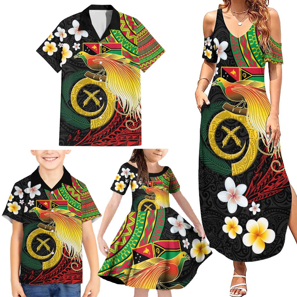 Vanuatu and Papua New Guinea Together Family Matching Summer Maxi Dress and Hawaiian Shirt Bird-of-paradise and Pig Tusk Melanesian Pattern