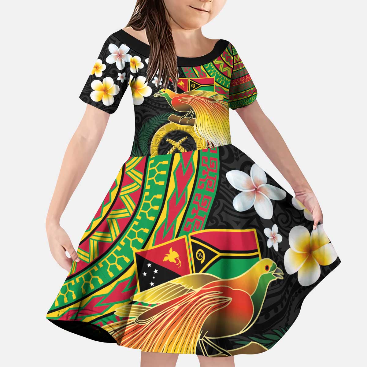 Vanuatu and Papua New Guinea Together Kid Short Sleeve Dress Bird-of-paradise and Pig Tusk Melanesian Pattern