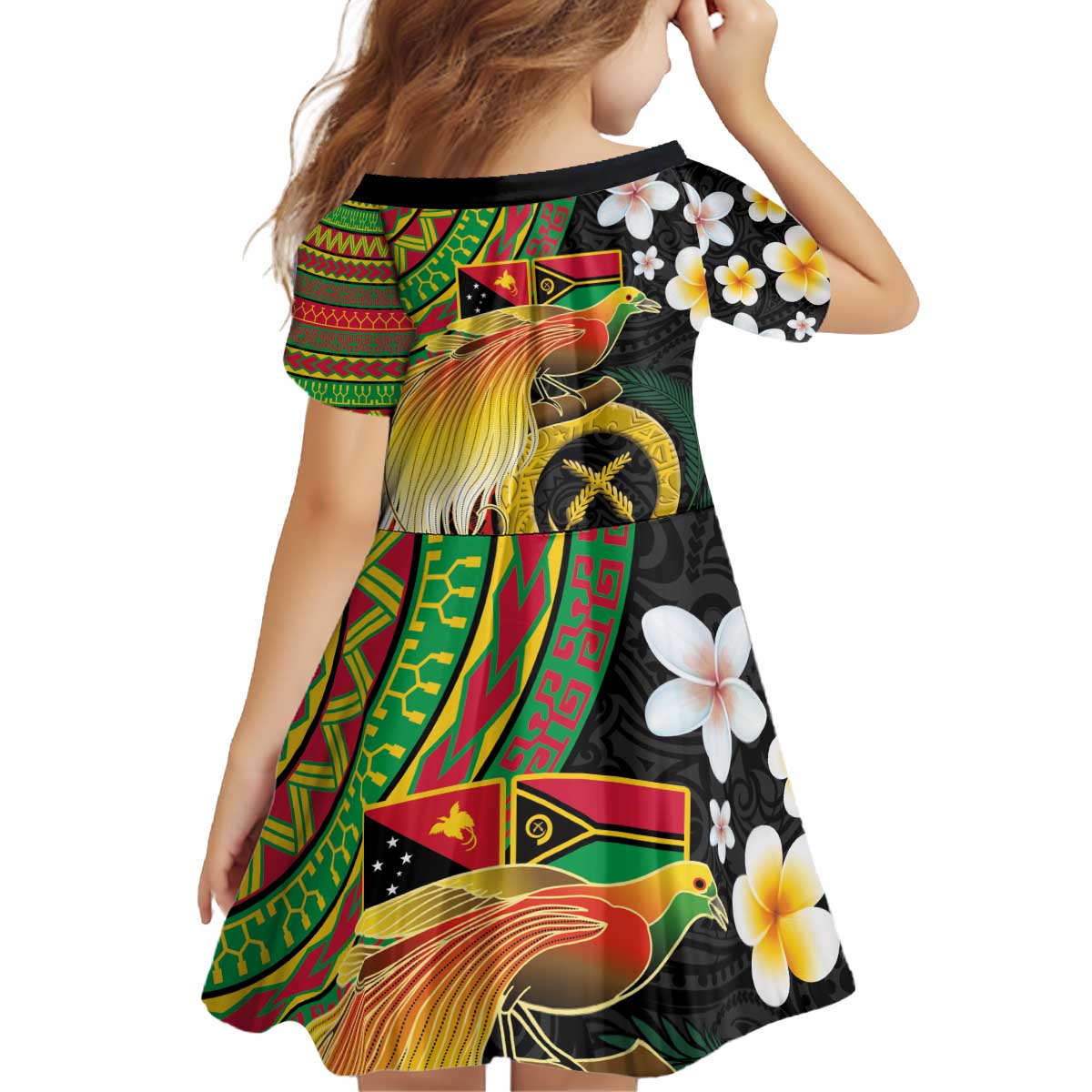 Vanuatu and Papua New Guinea Together Kid Short Sleeve Dress Bird-of-paradise and Pig Tusk Melanesian Pattern