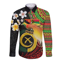Vanuatu and Papua New Guinea Together Long Sleeve Button Shirt Bird-of-paradise and Pig Tusk Melanesian Pattern