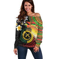 Vanuatu and Papua New Guinea Together Off Shoulder Sweater Bird-of-paradise and Pig Tusk Melanesian Pattern