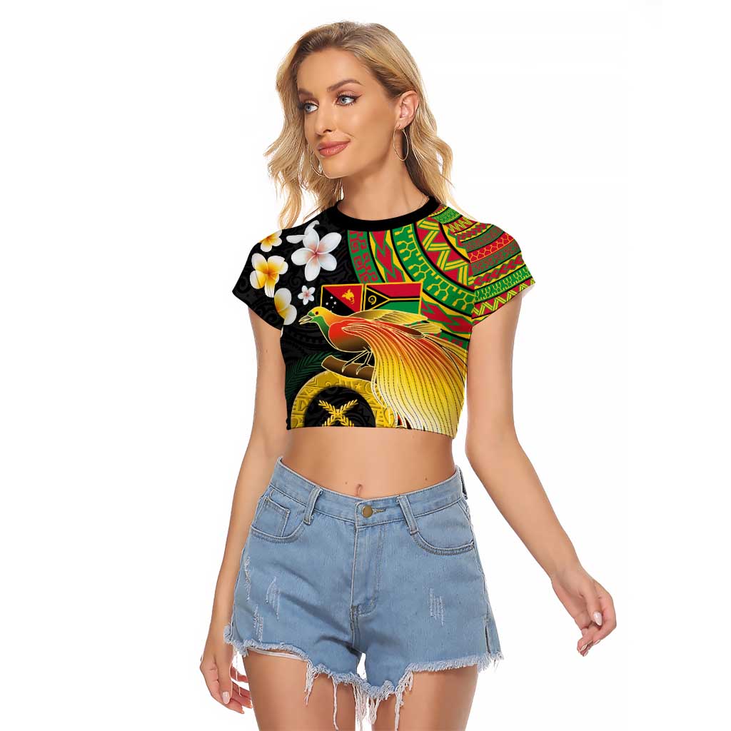 Vanuatu and Papua New Guinea Together Raglan Cropped T Shirt Bird-of-paradise and Pig Tusk Melanesian Pattern
