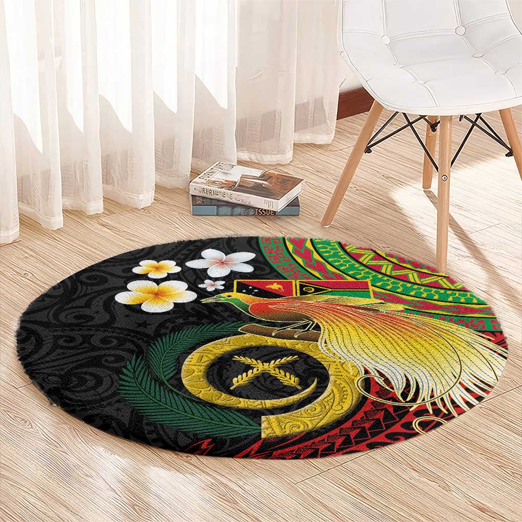 Vanuatu and Papua New Guinea Together Round Carpet Bird-of-paradise and Pig Tusk Melanesian Pattern