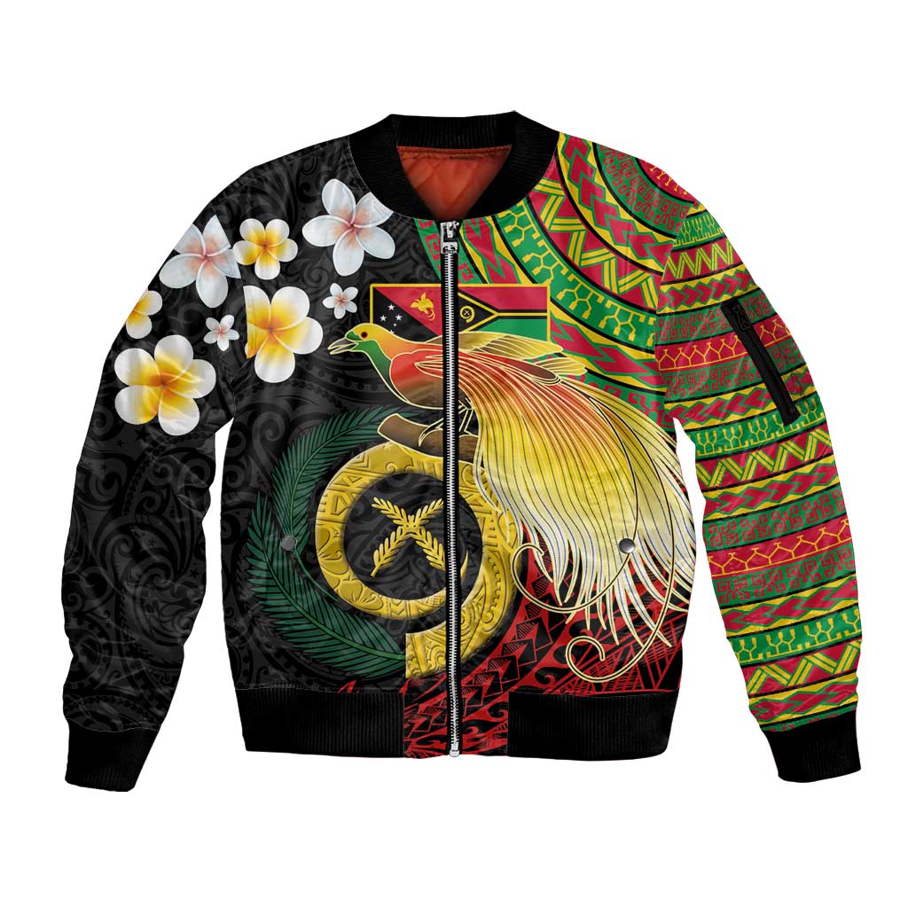 Vanuatu and Papua New Guinea Together Sleeve Zip Bomber Jacket Bird-of-paradise and Pig Tusk Melanesian Pattern