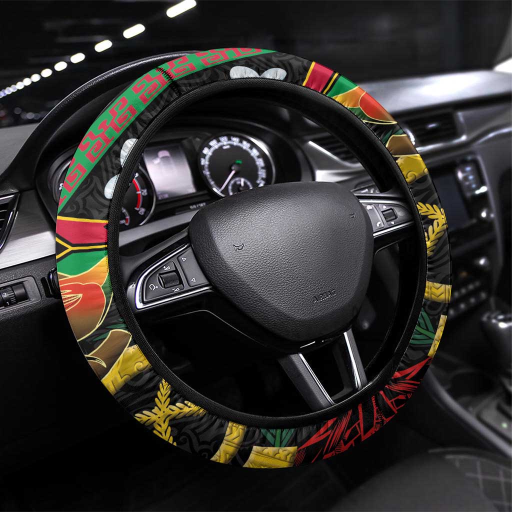 Vanuatu and Papua New Guinea Together Steering Wheel Cover Bird-of-paradise and Pig Tusk Melanesian Pattern
