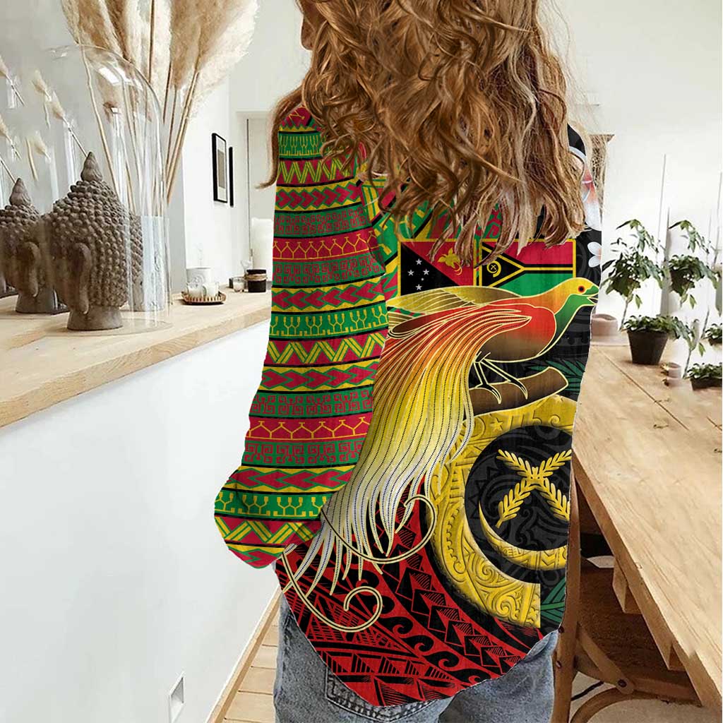 Vanuatu and Papua New Guinea Together Women Casual Shirt Bird-of-paradise and Pig Tusk Melanesian Pattern