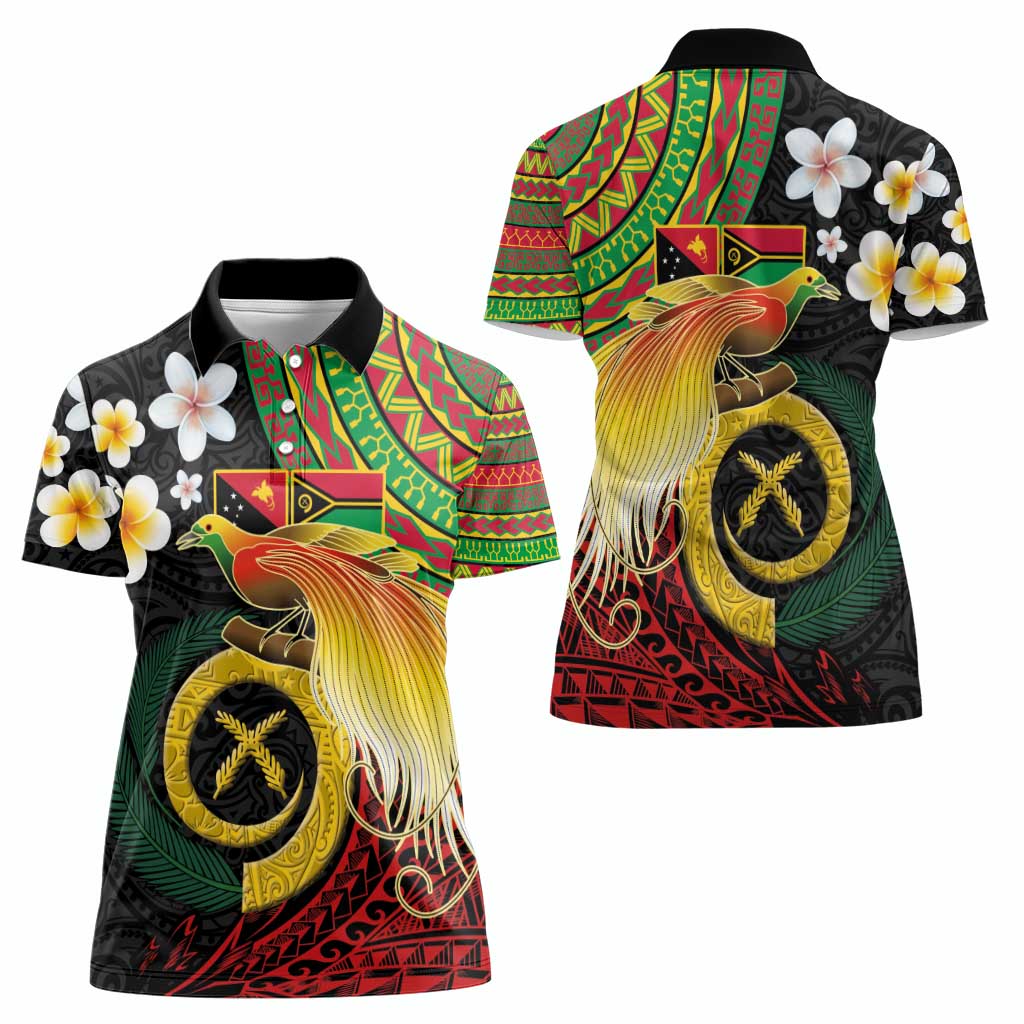 Vanuatu and Papua New Guinea Together Women Polo Shirt Bird-of-paradise and Pig Tusk Melanesian Pattern