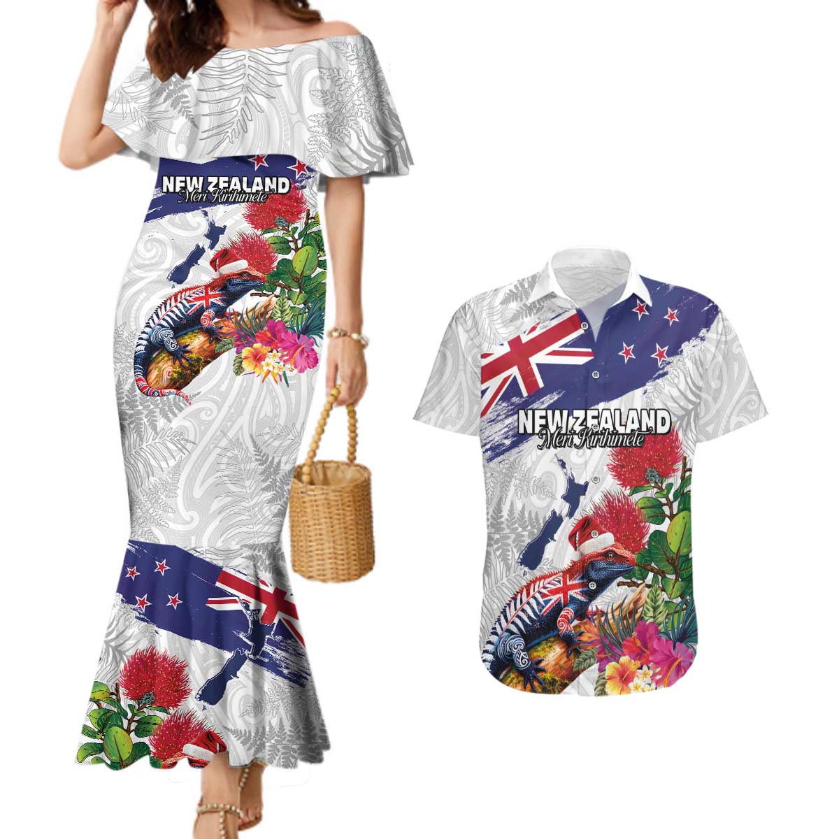 New Zealand Christmas Couples Matching Mermaid Dress and Hawaiian Shirt Meri Kirihimete-Tuatara and Pohutukawa White Color LT03 White - Polynesian Pride