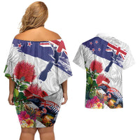 New Zealand Christmas Couples Matching Off Shoulder Short Dress and Hawaiian Shirt Meri Kirihimete-Tuatara and Pohutukawa White Color