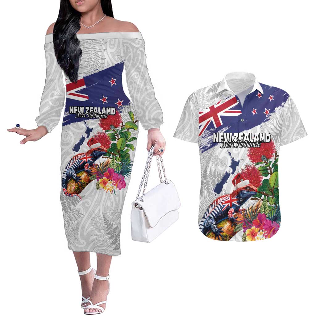 New Zealand Christmas Couples Matching Off The Shoulder Long Sleeve Dress and Hawaiian Shirt Meri Kirihimete-Tuatara and Pohutukawa White Color LT03 White - Polynesian Pride