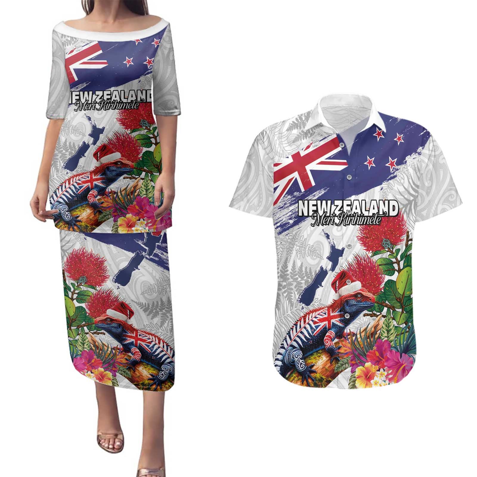New Zealand Christmas Couples Matching Puletasi and Hawaiian Shirt Meri Kirihimete-Tuatara and Pohutukawa White Color LT03 White - Polynesian Pride