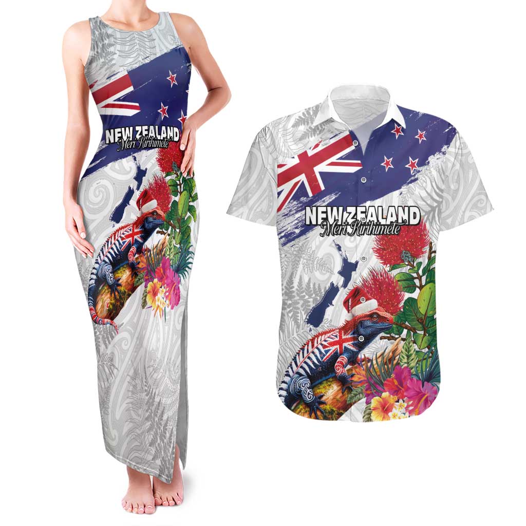 New Zealand Christmas Couples Matching Tank Maxi Dress and Hawaiian Shirt Meri Kirihimete-Tuatara and Pohutukawa White Color LT03 White - Polynesian Pride