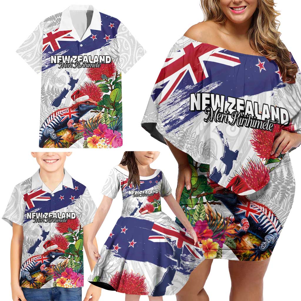 New Zealand Christmas Family Matching Off Shoulder Short Dress and Hawaiian Shirt Meri Kirihimete-Tuatara and Pohutukawa White Color