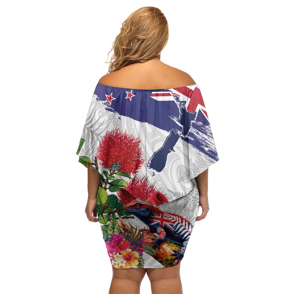 New Zealand Christmas Family Matching Off Shoulder Short Dress and Hawaiian Shirt Meri Kirihimete-Tuatara and Pohutukawa White Color