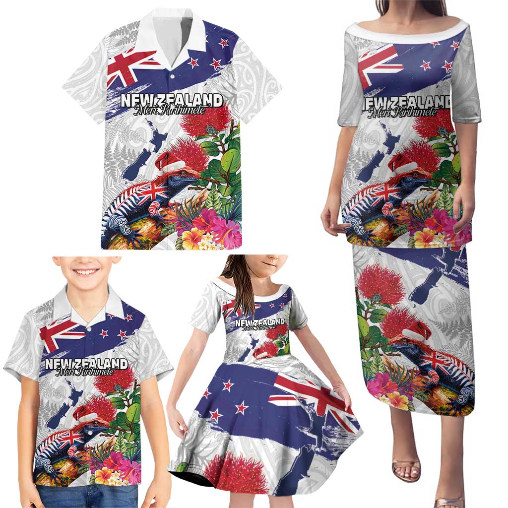New Zealand Christmas Family Matching Puletasi and Hawaiian Shirt Meri Kirihimete-Tuatara and Pohutukawa White Color LT03 - Polynesian Pride