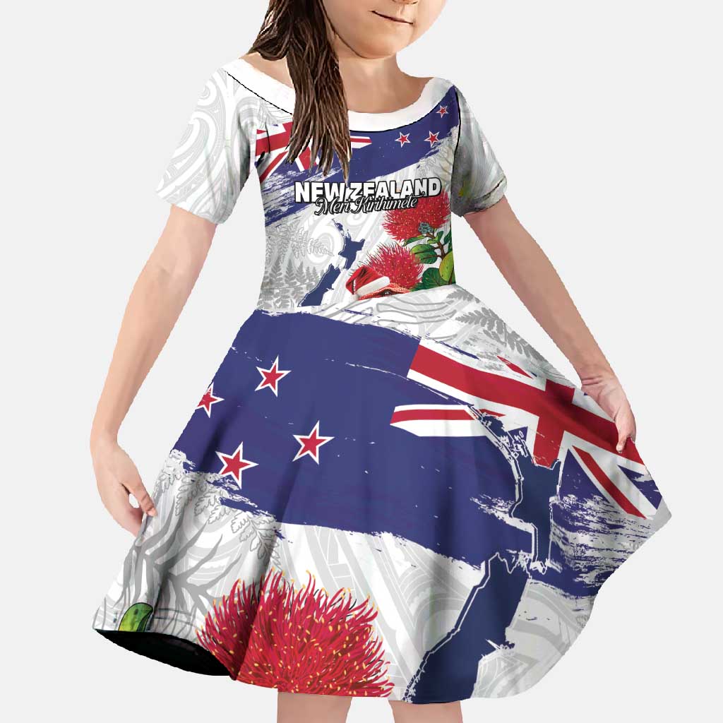 New Zealand Christmas Family Matching Short Sleeve Bodycon Dress and Hawaiian Shirt Meri Kirihimete-Tuatara and Pohutukawa White Color