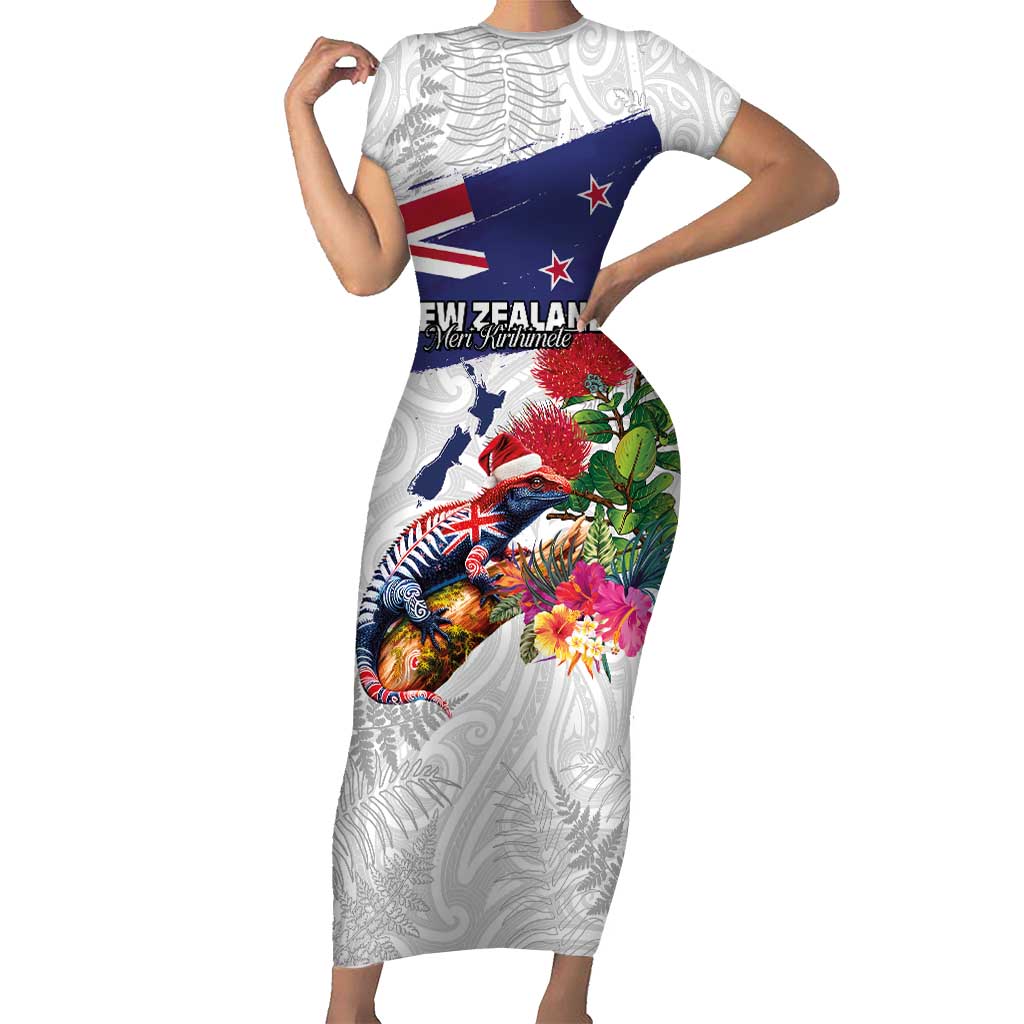New Zealand Christmas Family Matching Short Sleeve Bodycon Dress and Hawaiian Shirt Meri Kirihimete-Tuatara and Pohutukawa White Color