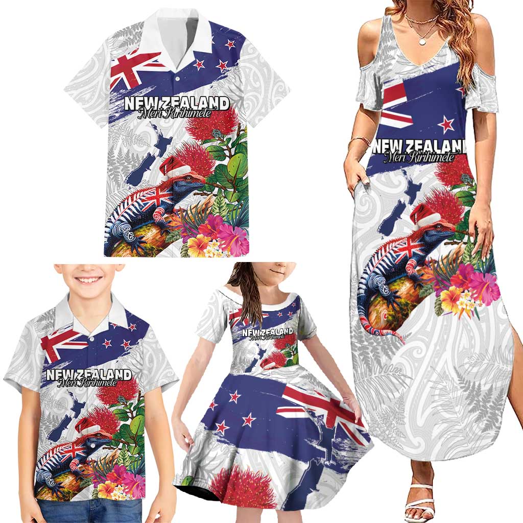 New Zealand Christmas Family Matching Summer Maxi Dress and Hawaiian Shirt Meri Kirihimete-Tuatara and Pohutukawa White Color LT03 - Polynesian Pride