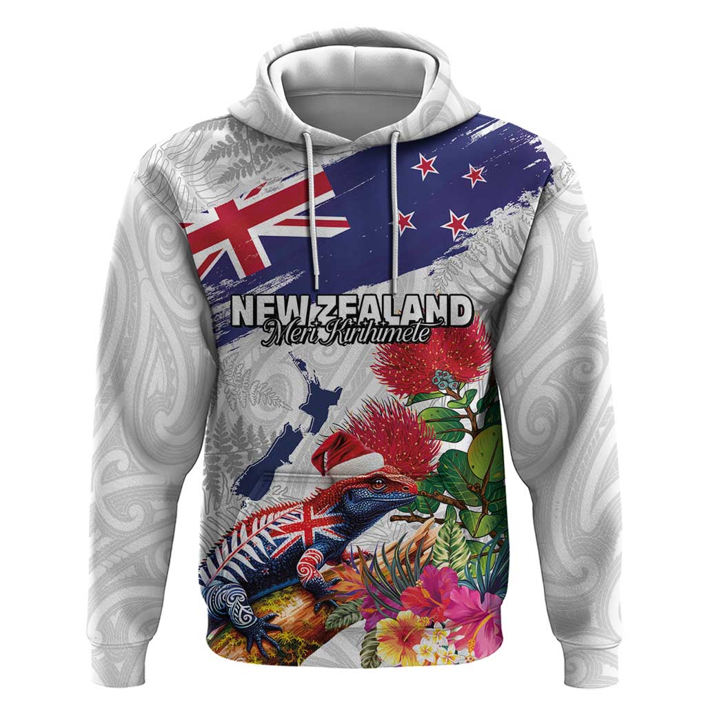 New Zealand Christmas Hoodie Meri Kirihimete-Tuatara and Pohutukawa White Color