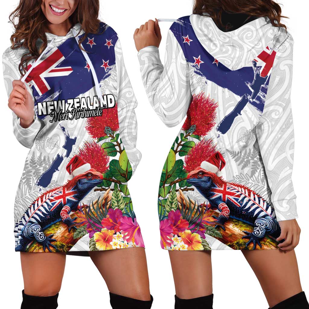 New Zealand Christmas Hoodie Dress Meri Kirihimete-Tuatara and Pohutukawa White Color